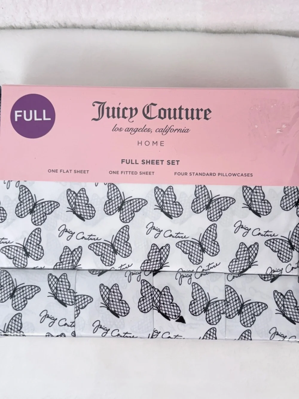 Juicy Couture Butterfly Print Full Sheet Set 6 Piece Bedding White Black Full
